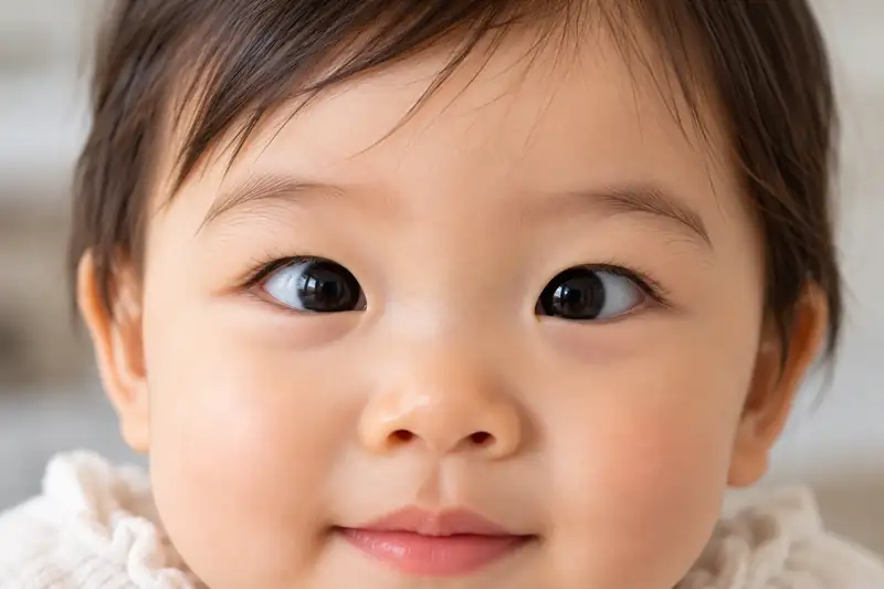 Bebê com epicanto, dobra de pele no canto interno dos olhos que pode dar a impressão de estrabismo